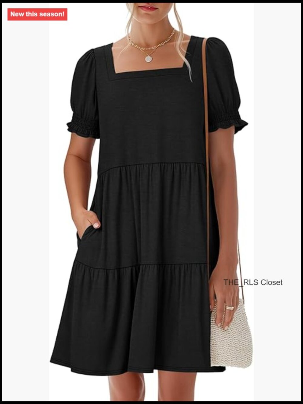 Summer Square Neck Puff Sleeve Mini Dress With Pockets, Rayon Polyester Blend